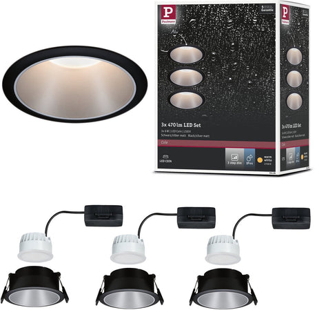 Paulmann led-inbouwlamp 3-step-dim cole coin set van 3 ip44 rond 88 mm coin 3x6w 3x470lm 230v dimbaar 2700k zwart, zilver mat