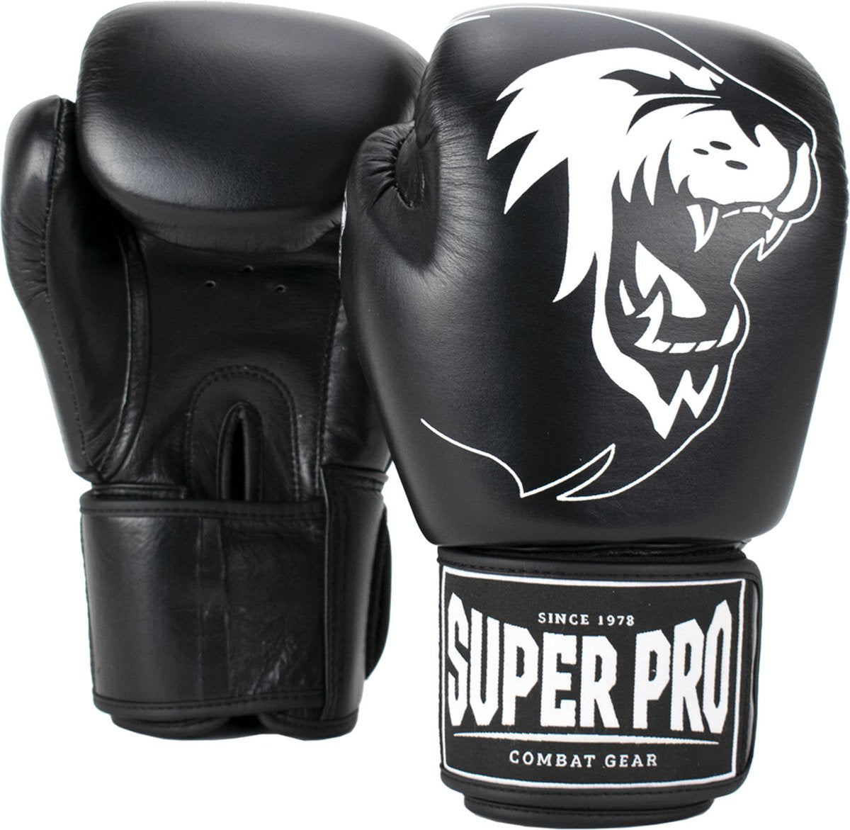 Super pro combat gear warrior lederen (kick)bokshandschoenen zwart wit 14oz
