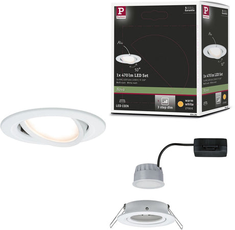 Paulmann led-inbouwlamp 3-step-dim nova coin zwenkbaar rond 84 mm 50° coin 6w 470lm 230v dimbaar 2700k wit mat
