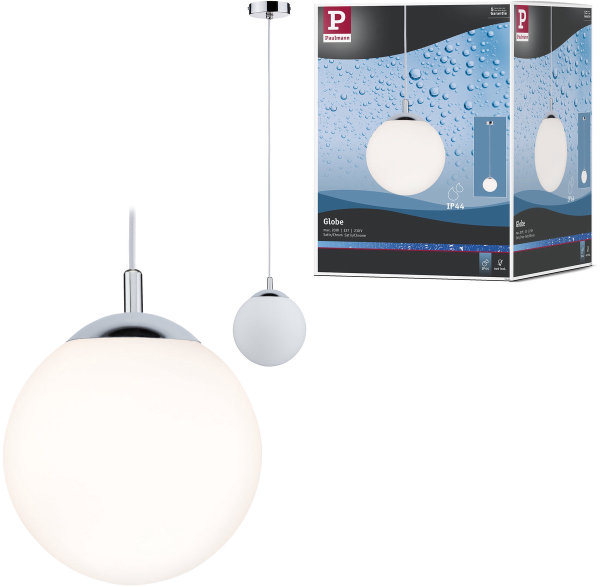 Paulmann hanglamp globe ip44 e27 max. 20w satijn, chroom dimbaar