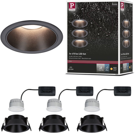Paulmann led-inbouwlamp 3-step-dim cole coin set van 3 ip44 rond 88mm coin 3x6w 3x470lm 230v dimbaar 2700k zwart