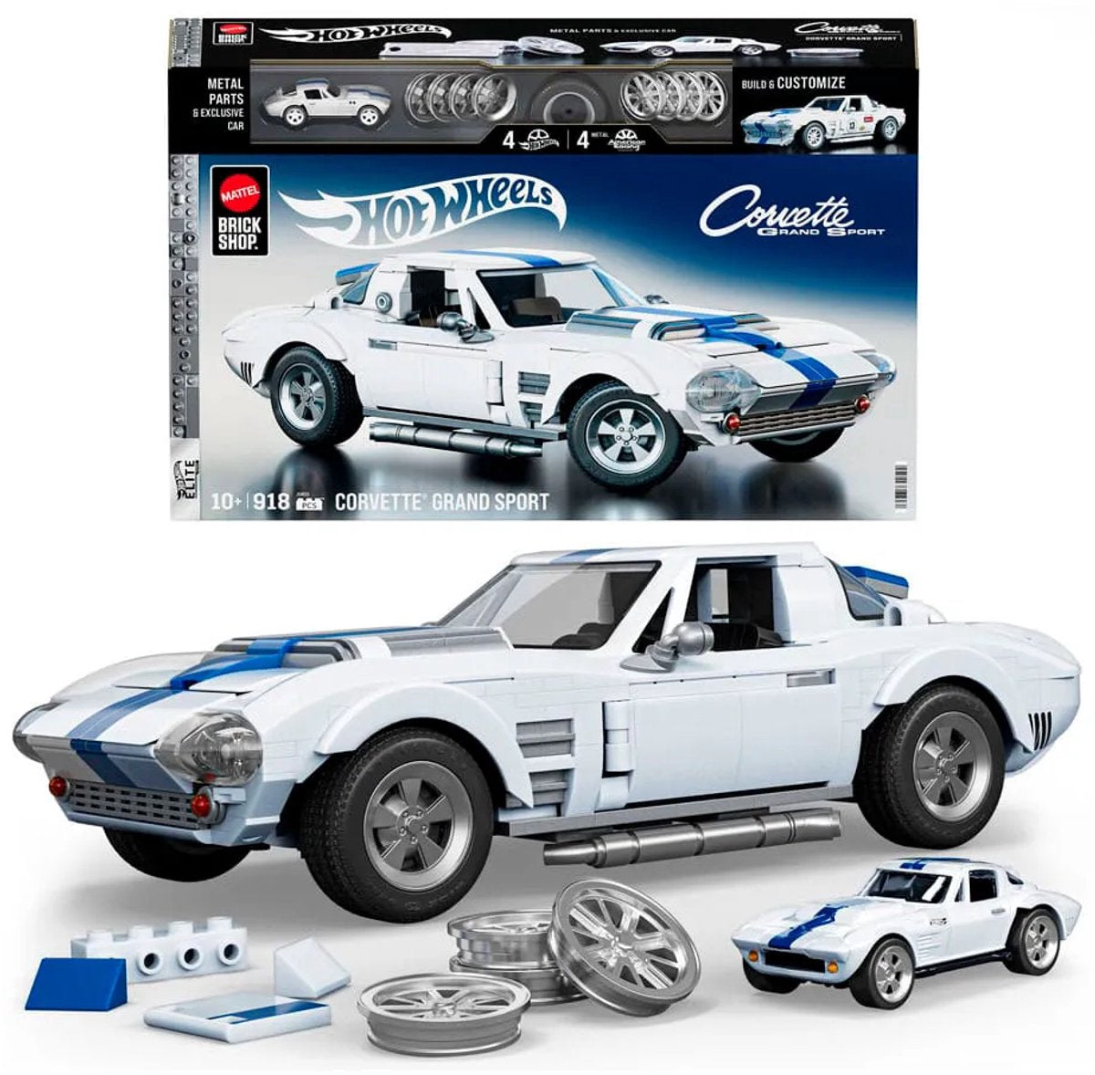 Mattel brick shop hot wheels elite serie - corvette grand sport - bouwspeelgoed - 918 onderdelen