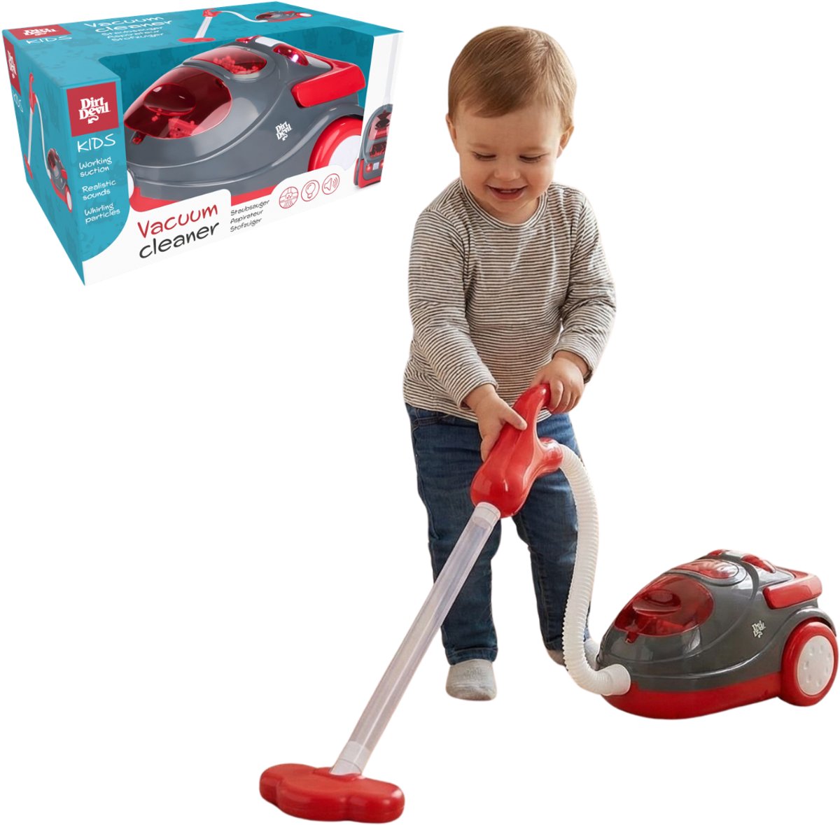Dirt devil speelgoed stofzuiger met slang - met geluidseffecten en wervelende deeltjes - draadloos schoonmaak speelgoed jongens en meisjes vanaf 3 jaar - 88 x 15 x 12.5 cm - rood grijs