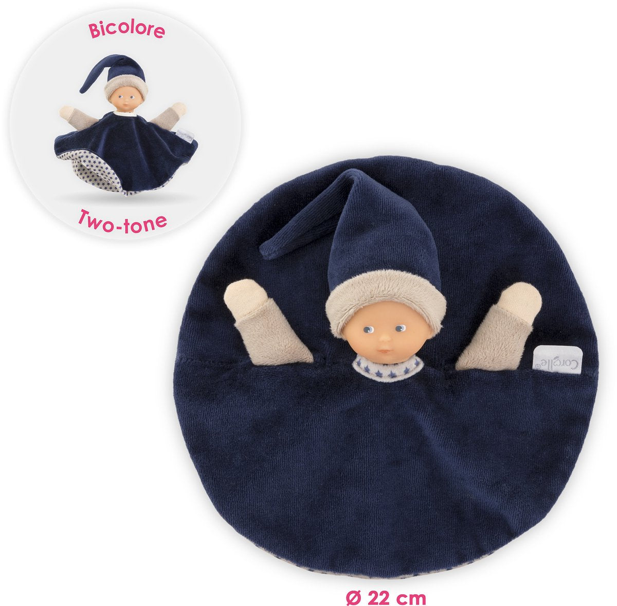 Corolle knuffeldoek - marineblauw babydoekje 17cm - zacht speelgoed.