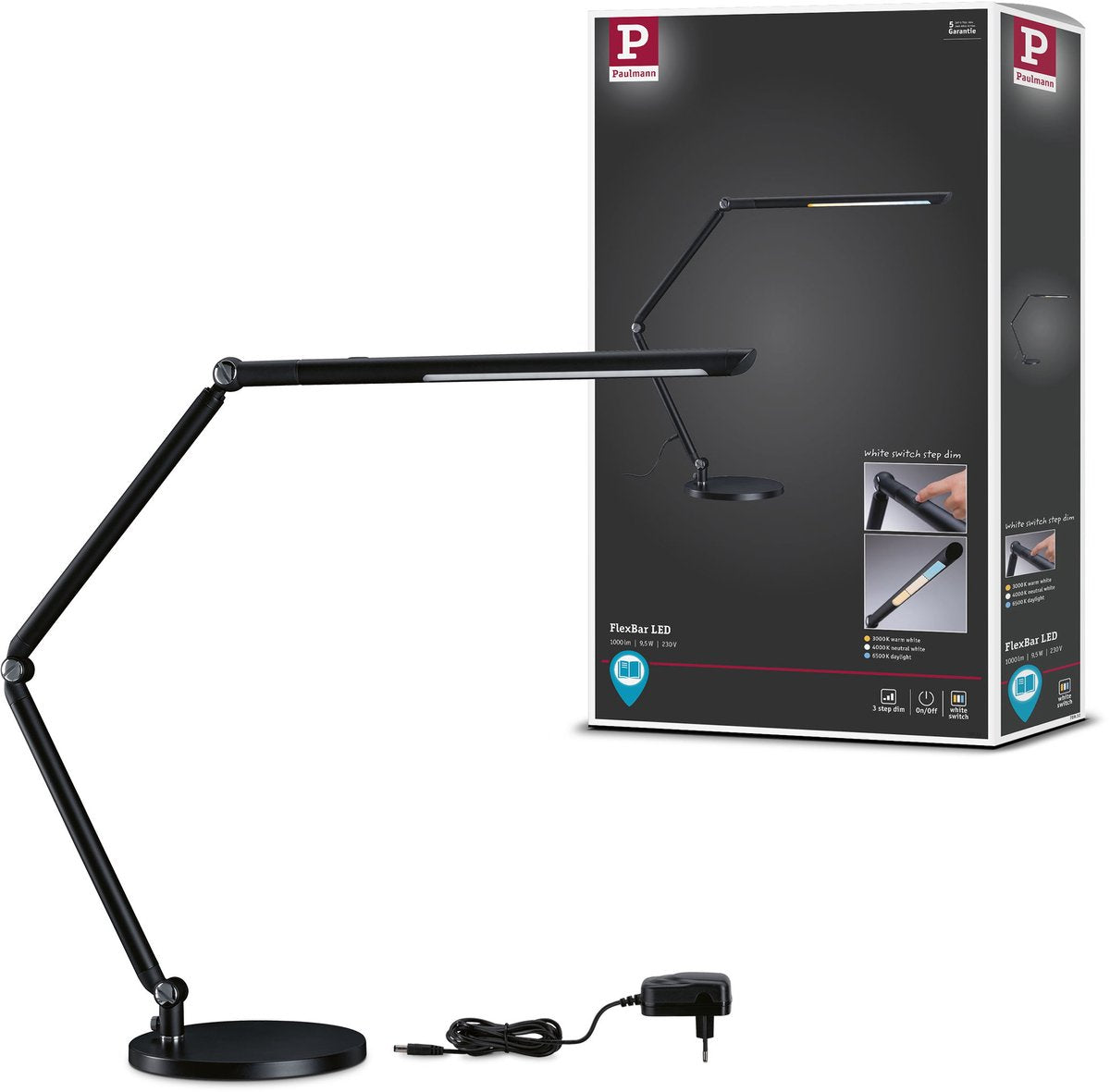 Paulmann led-bureaulamp 3-step-dim flexbar white switch 700lm 9,5w zwart