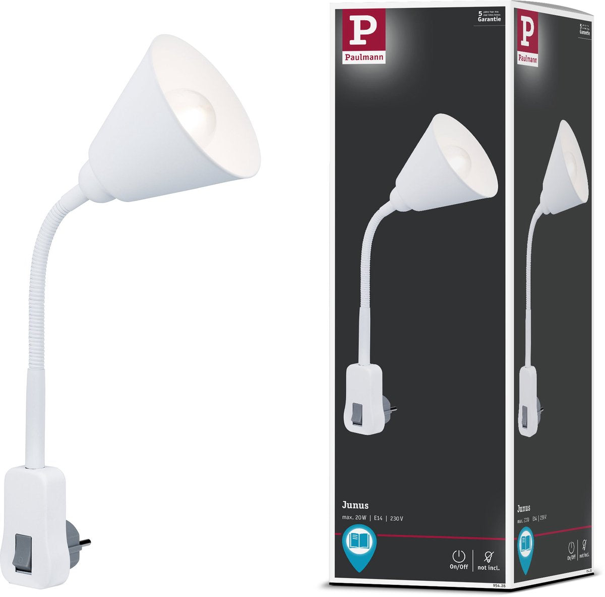 Paulmann stekkerlamp junus - flexarm - e14 230v - leeslamp nachtlamp dimbaar - stekkerspot - stopcontactlamp voor lees- en nachtgebruik - wit
