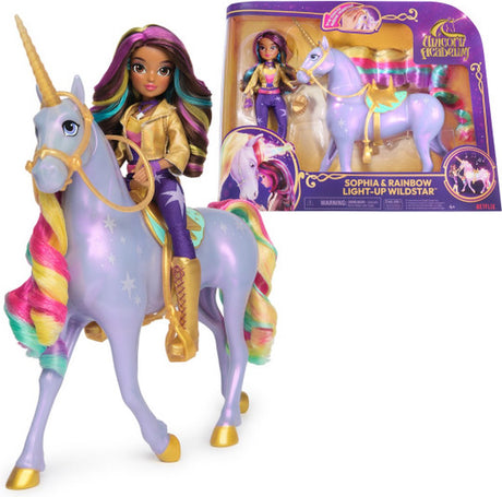 Unicorn academy - sophia regenboog lichtmagie wildstar - modepop met interactieve eenhoorn met licht geluid en muziek