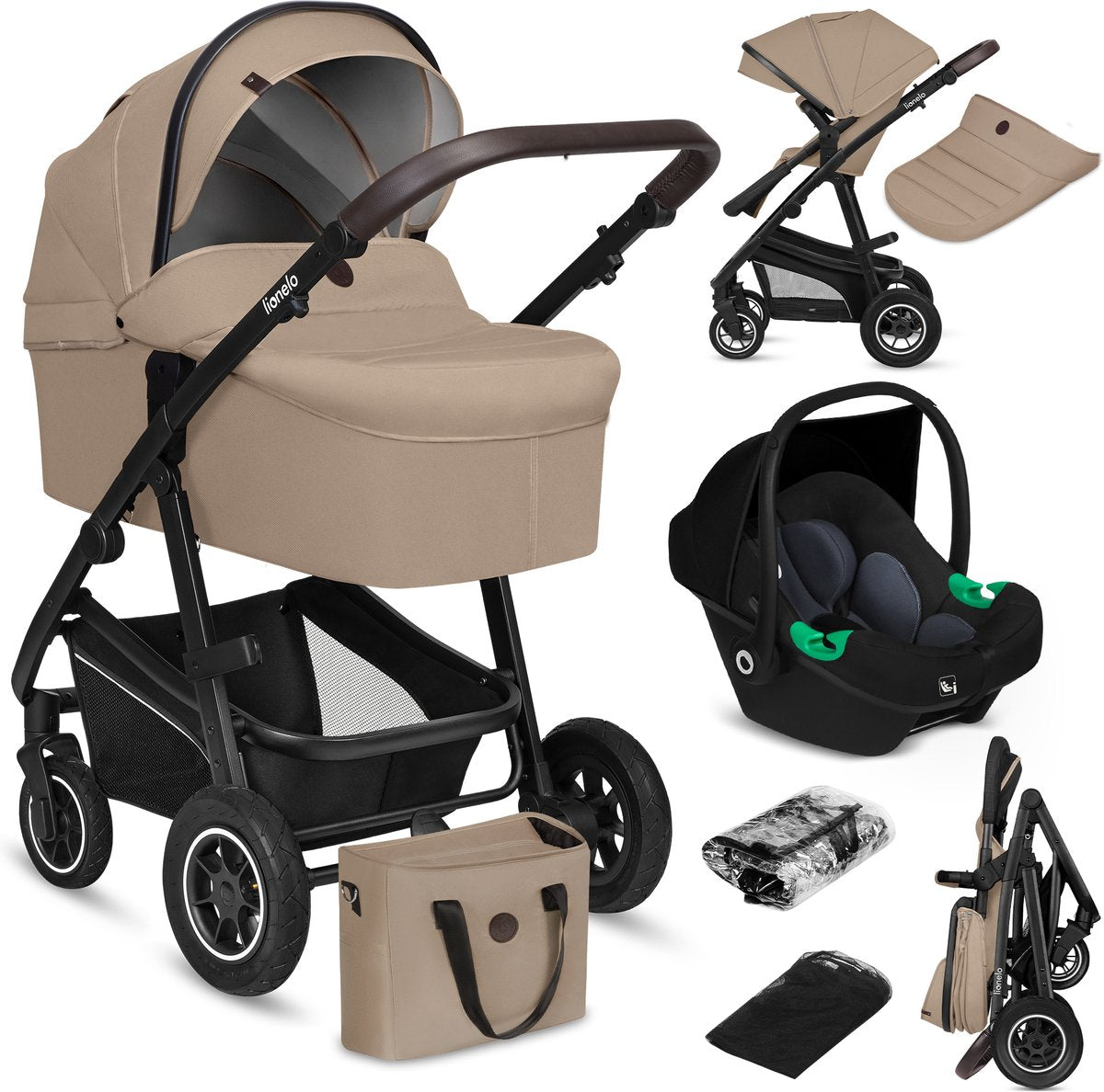 Lionelo bianka kinderwagen 3 in 1 - reiswieg + wandelwagen + autostoel - grote luchtbanden, volledige vering - inklapbaar - verstelbare duwstang - buggy omkeerbare zitting - 0-22kg - accessoireset - beige