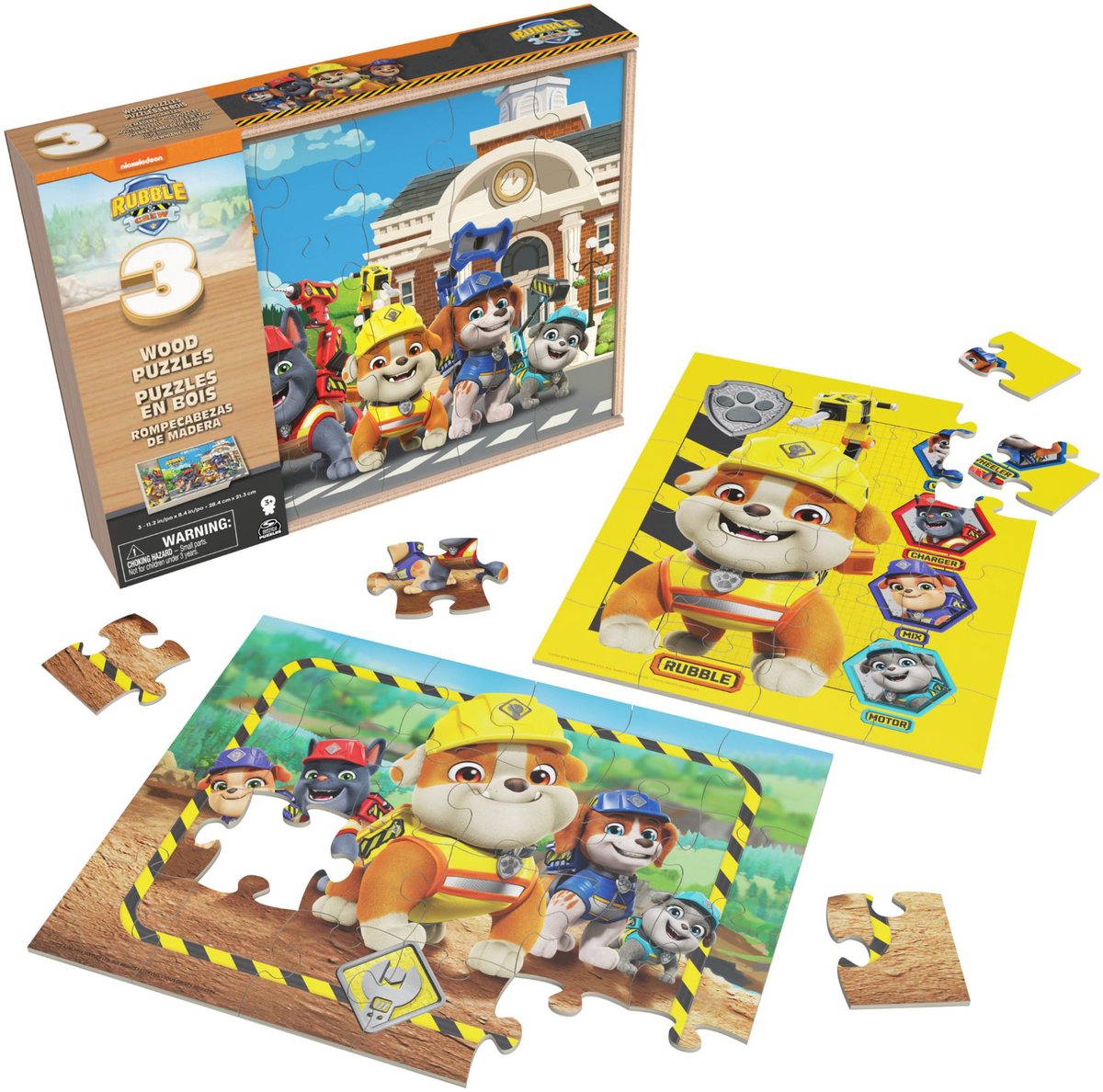 Spin master games houten puzzel cartoon rubble crew 3x24 stukjes in houten box.