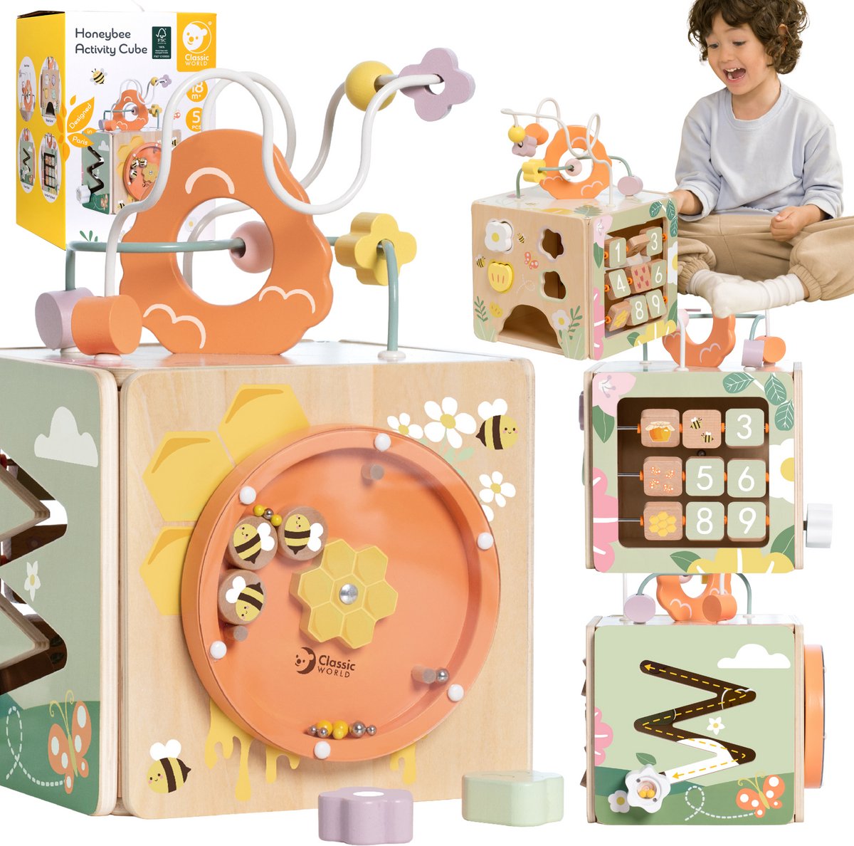 Classic world houten activiteitenkubus honingbij, 5dlg.