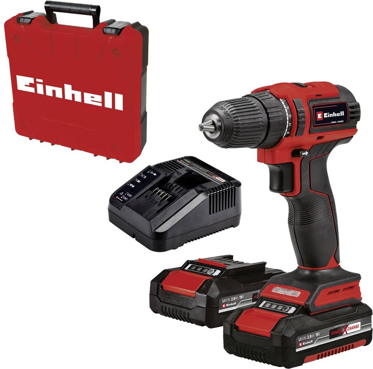 Einhell accu boor- schroefmachine te-cd 18 40 li bl kit - power x-change - 18 v li-ion - 40 nm - 0-350 0-1.450 t min - koolborstelloze motor - incl. 2x 2.0 ah accu, lader en transport- opbergkoffer