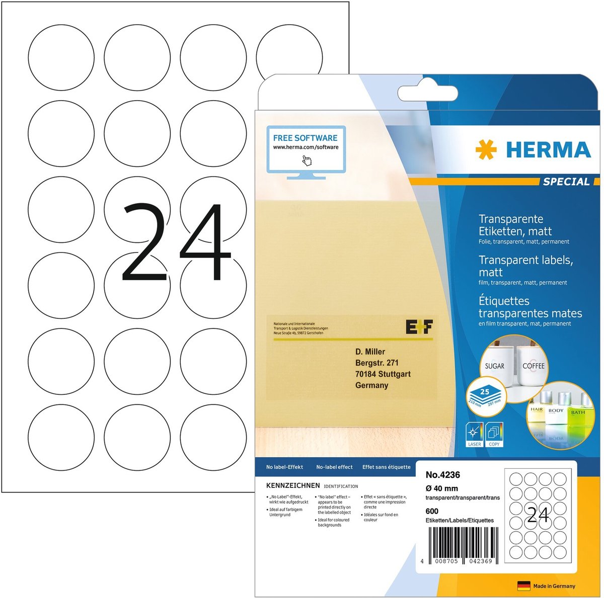 Herma special - selbstklebende sicherheits- siegelpolyesteretiketten - durchsichtig - 40 mm rund - 600 etikett(en) (25