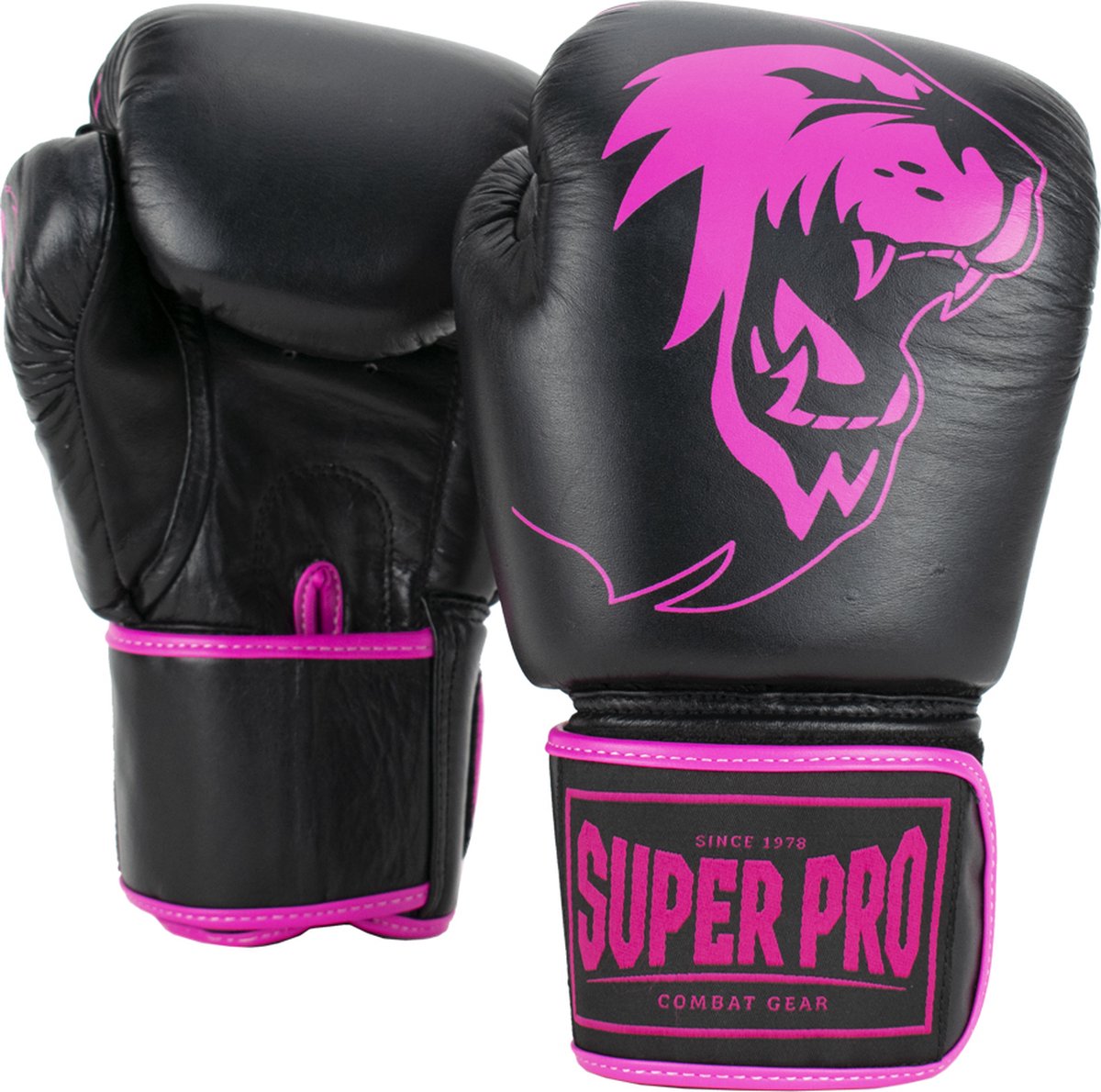 Super pro combat gear warrior lederen (kick)bokshandschoenen zwart roze 8oz