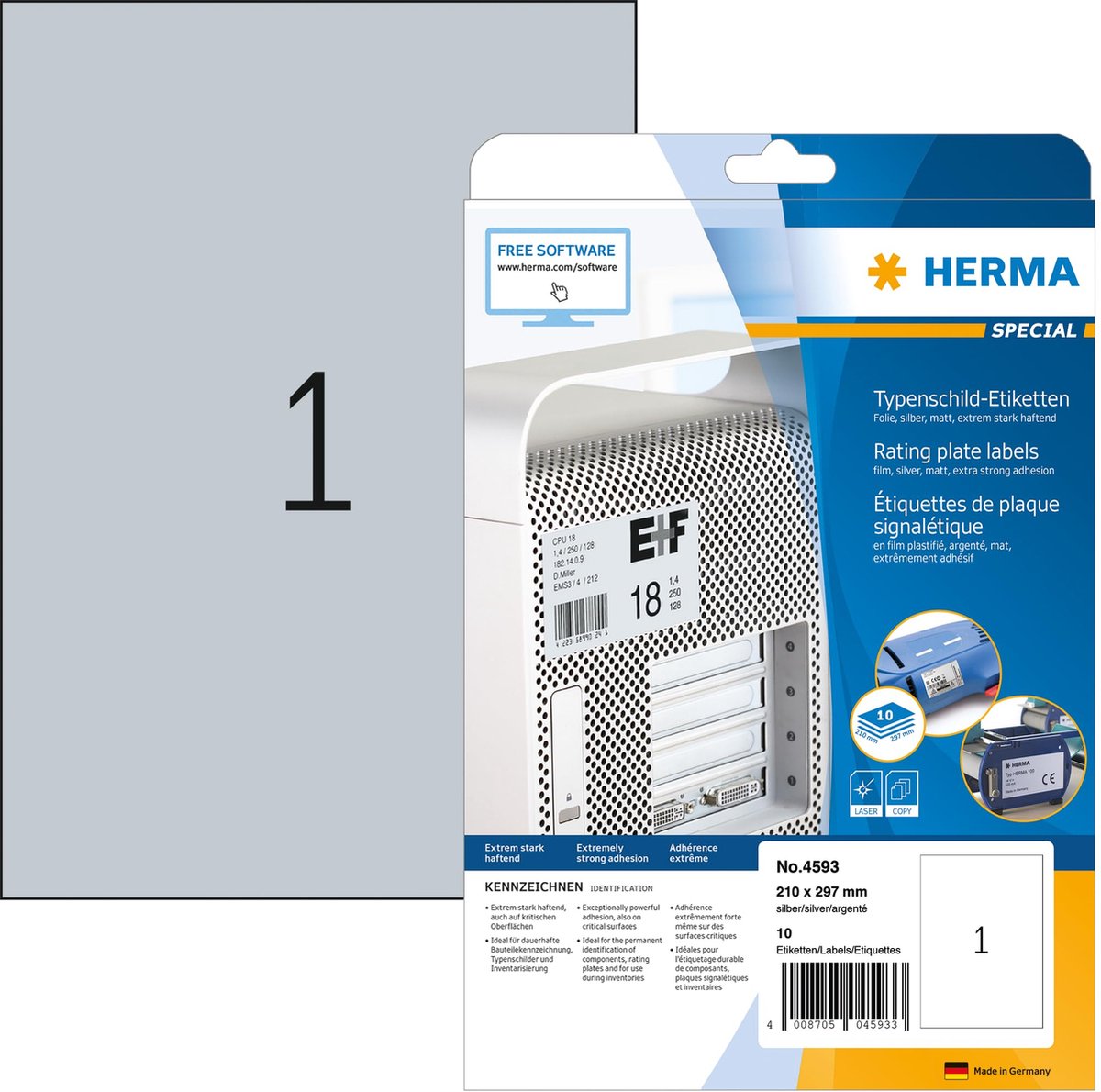 Herma 4593 typeplaatje folie-etiketten a4 zilver 210x297 mm 10 st.