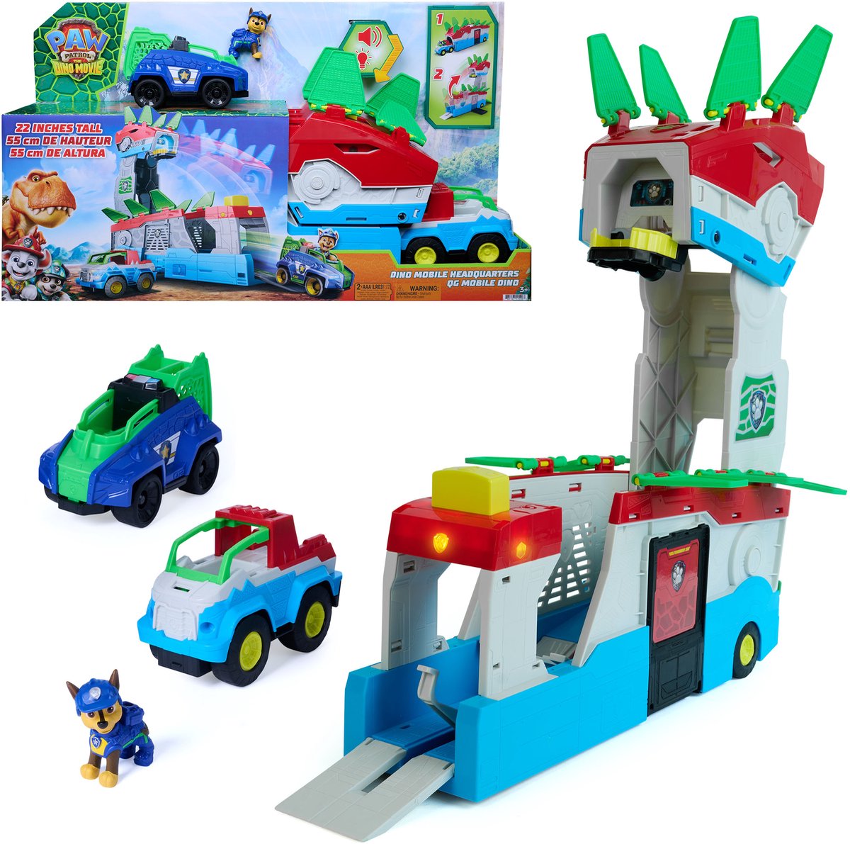 Paw patrol - de dino film - dino mobile-hoofdkwartier, 2-in-1 transformerende hoofdkwartierspeelset van 55,8 cm met licht en geluid, inclusief chase-actiefiguur en 2 voertuigen om mee in actie te komen