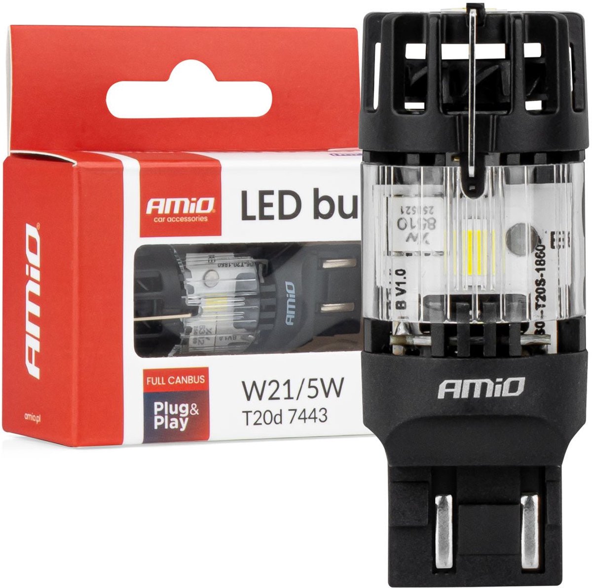 Amio led lamp lumitec t20d 7443 w21 5w 12v full canbus – witte dual-filament led vervanger (1 stuk)