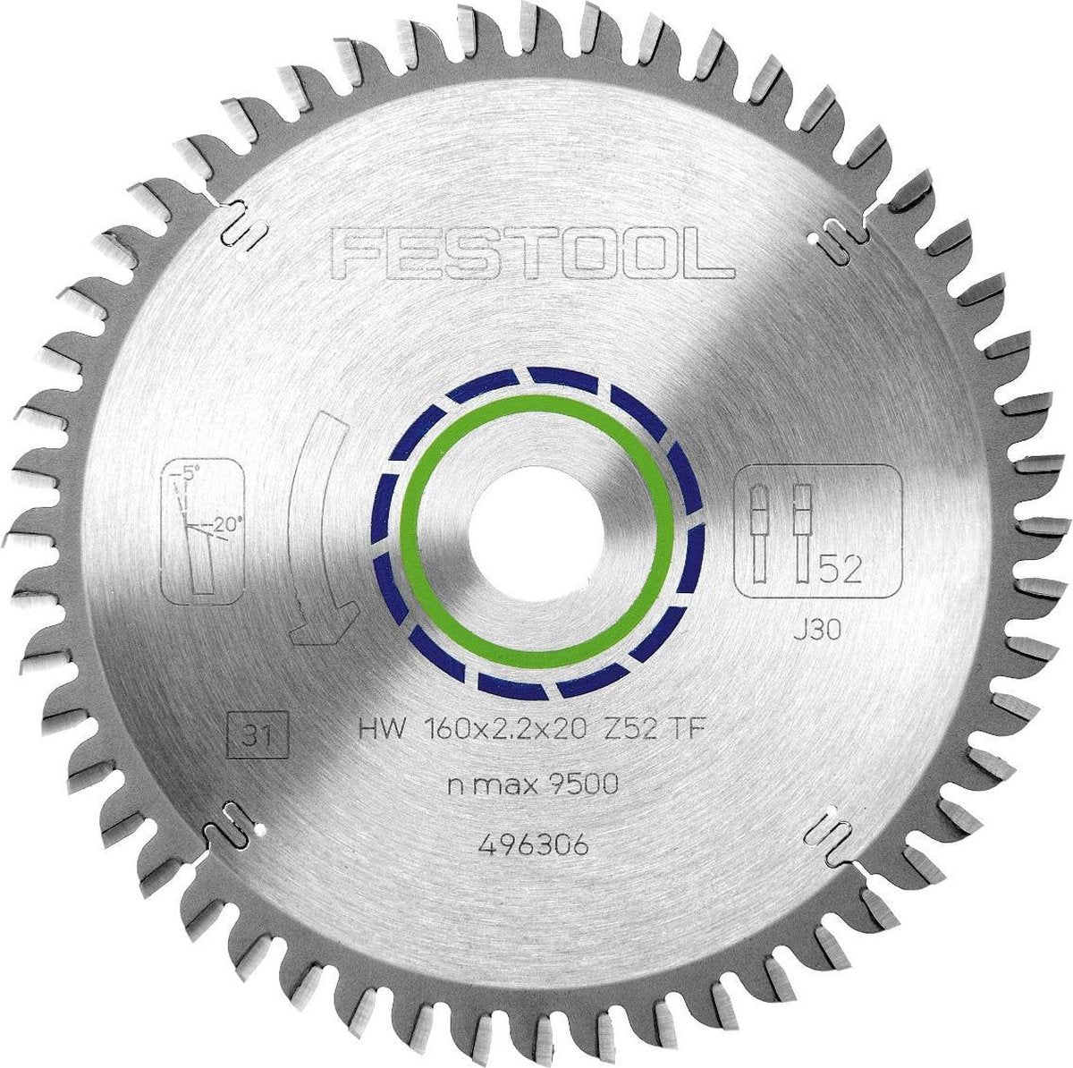 Festool 496306 160x2,2x20 tf52 cirkelzaagblad - 160 x 20 x 52t - aluminium