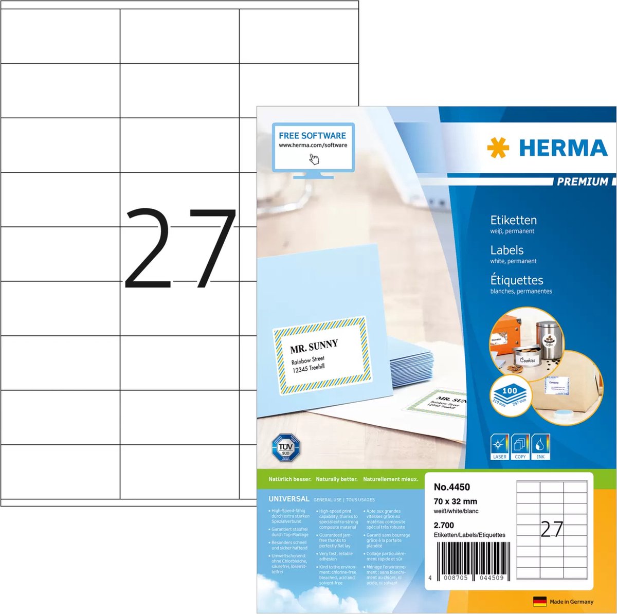 Merkloos sans marque herma prem. etiketten wit 70x32 100 vel din a4 2700 stuks 4450