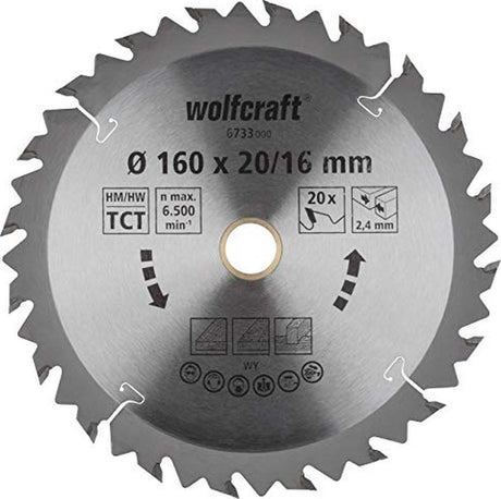 Wolfcraft - cirkelzaagblad 160x16mm 160x20mm - 20 tanden hm - snelle, grove sneden - 6733000