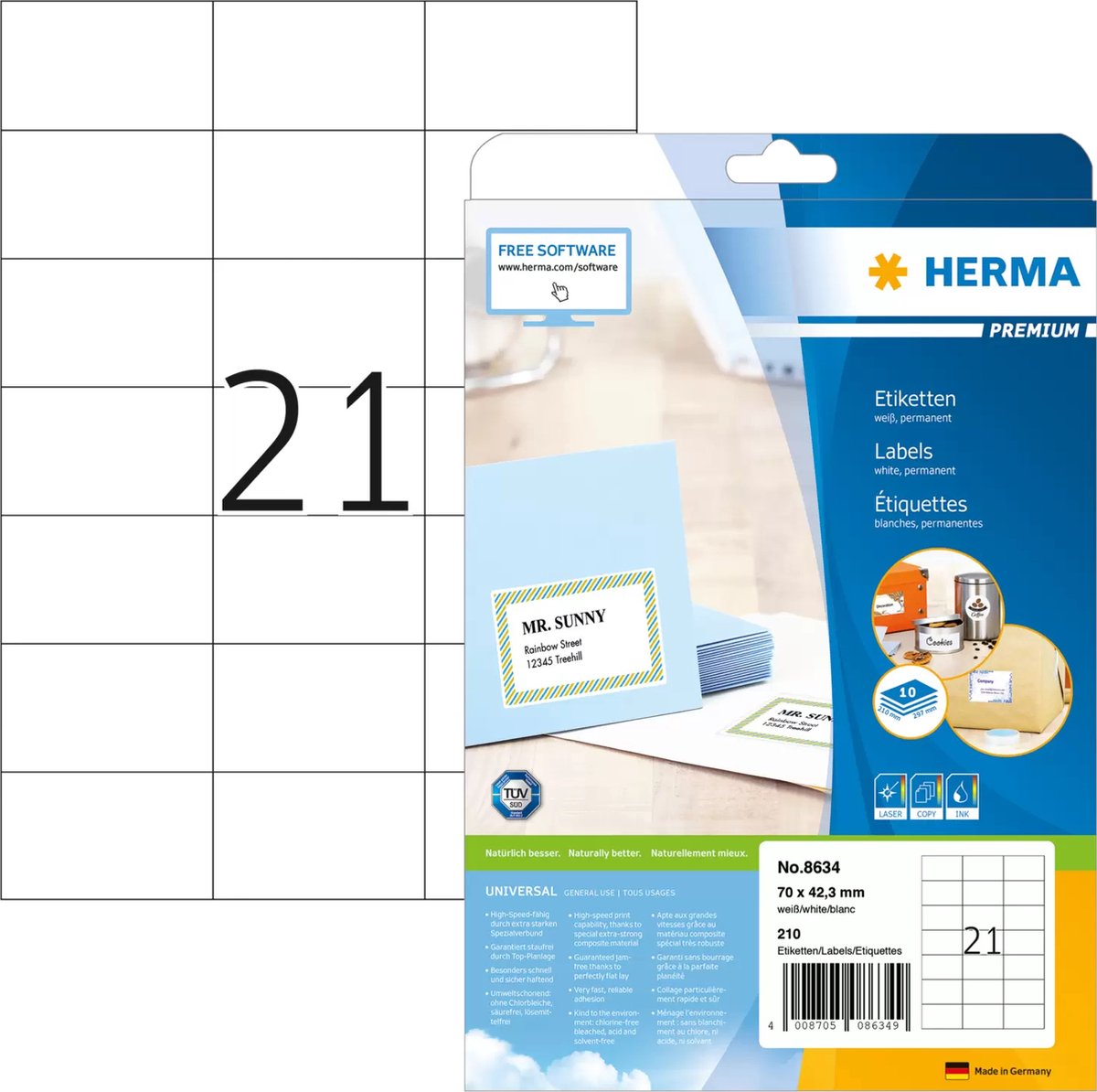 Herma premium etiketten wit 70x42,3mm 10 vel a4 210 stuks