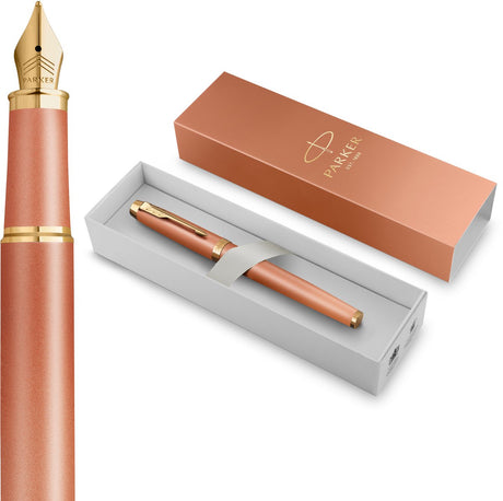 Parker im writing rituals vulpen | verfrissend oranje afwerking met kleurverloop en gouden details | medium penpunt | blauwe inkt | geschenkverpakking
