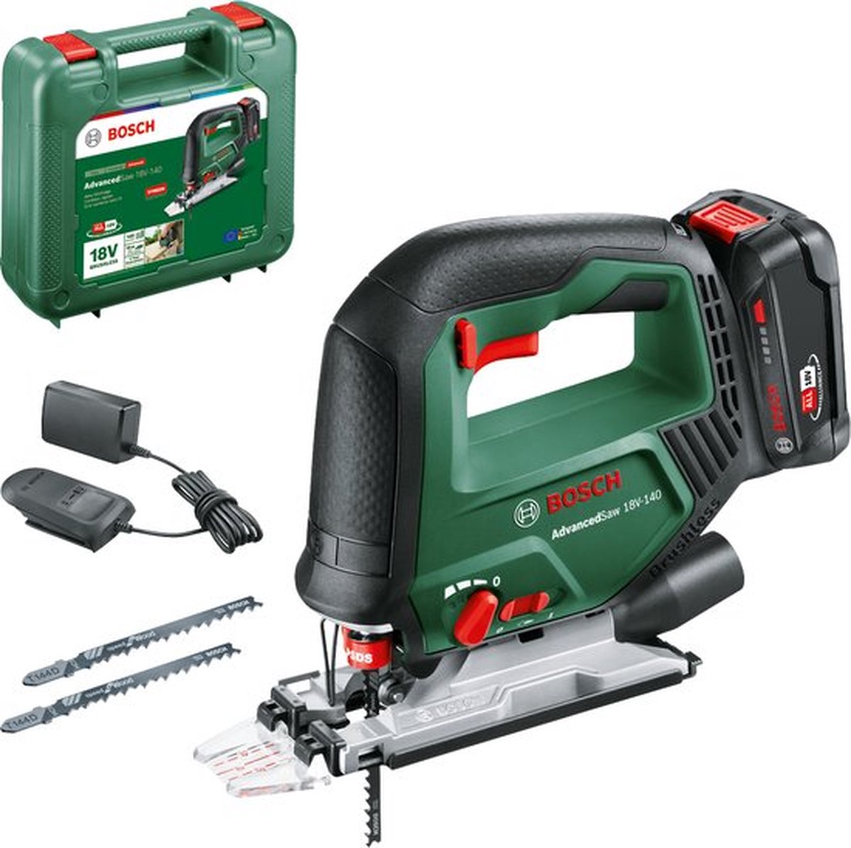 Bosch advancedsaw 18v-140 - accudecoupeerzaag - inclusief 3x zaagblad (t144d) cut control - beschermingsschoen - stofkap - anti-splinterplaat - 18 v li-ion accu (2.0 ah) 1-uurs lader (al 18v-20)