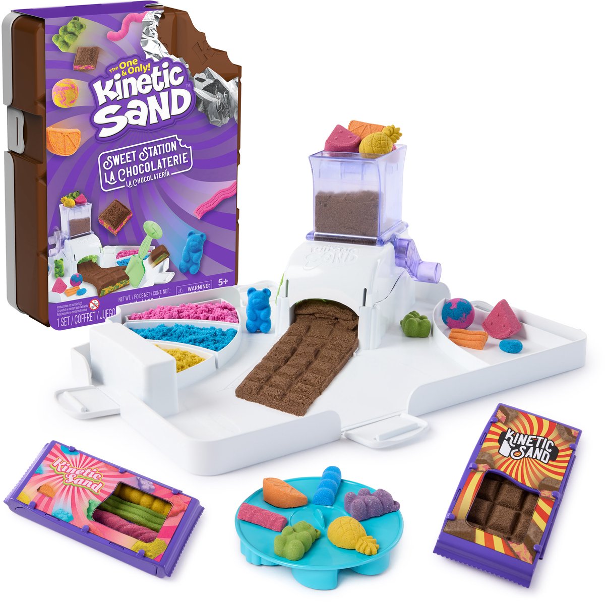 Kinetic sand - lekkernijenset met 453 gram kneedbaar speelzand opbergdoos in de vorm van chocoladereep en 8 gereedschappen en vormen speelvoedselthema en sensorisch knutselspeelgoed