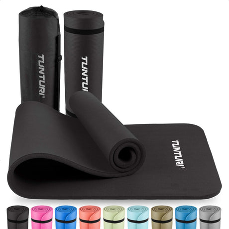 Tunturi nbr yogamat met draagtas - fitnessmat extra dik zacht - sportmat - anti slip - 180x60x1.5cm - incl trainingsapp - zwart