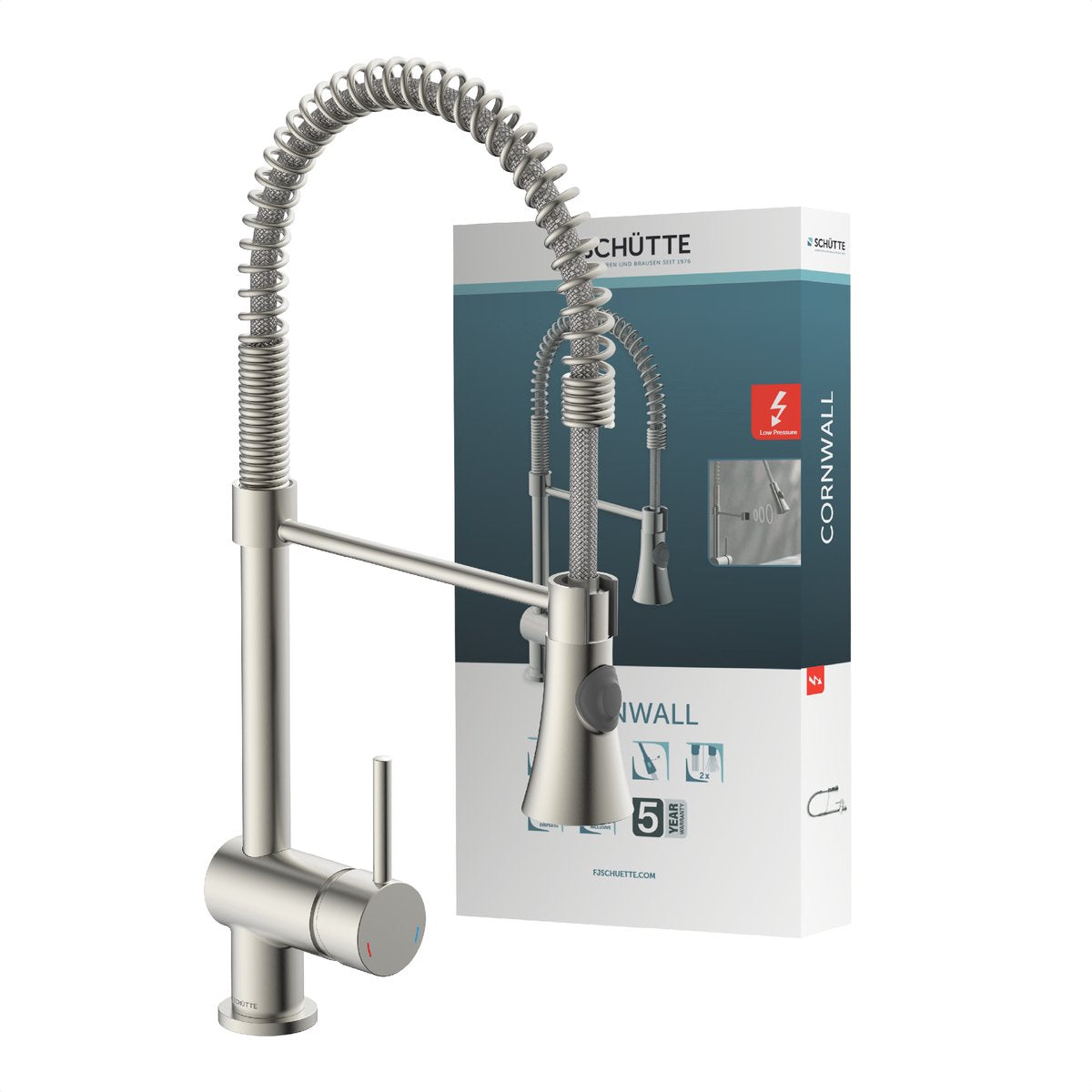 Schütte cornwall design keukenkraan voor waterverwarmer met vrije uitloop - lage druk - mengkraan - draaibare uitloop met spiraalveer - rvs-look