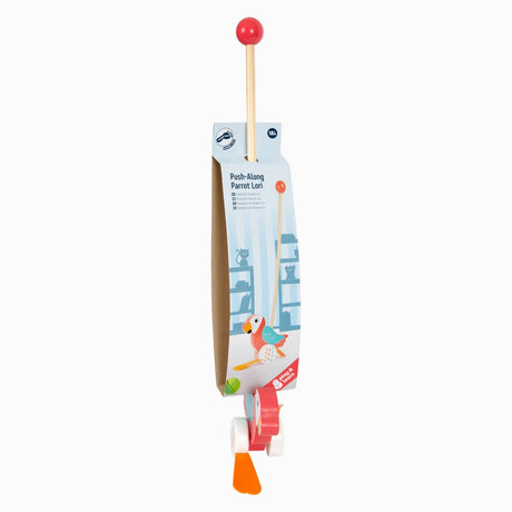 Small foot - houten duwfiguur papegaai lori met stok