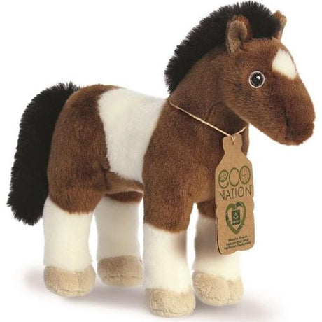Aurora pluche knuffeldier paard - eco nation knuffel - bruin wit - 28 cm - boerderijdieren thema