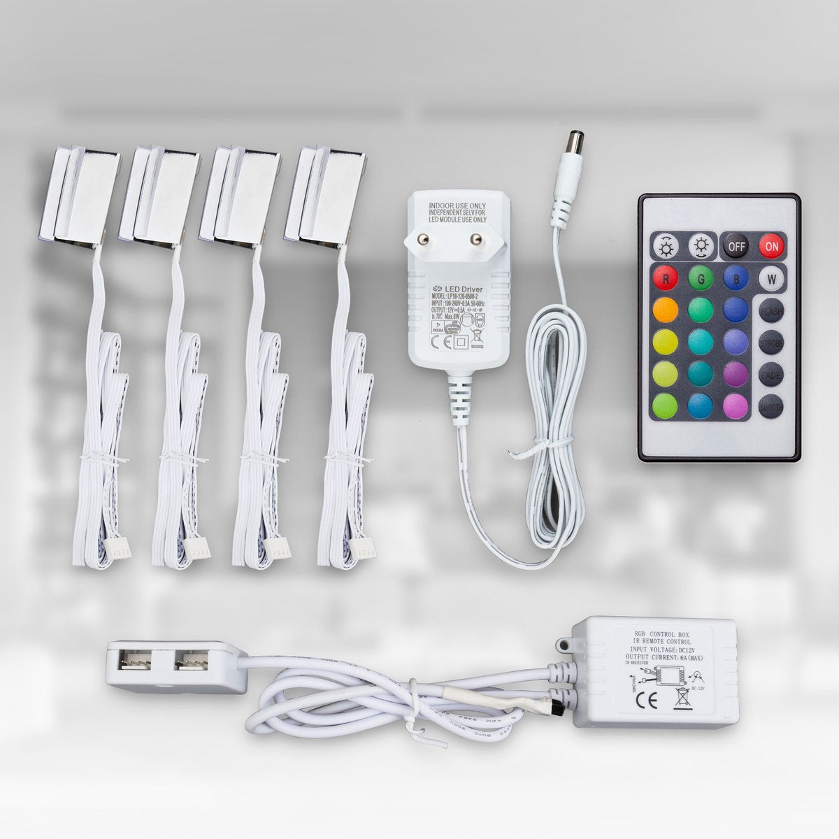 B.k.licht - led rgb licht - kastverlichting - glasplaatclips - verlichting - 4-delige set - met afstandsbediening - led strips