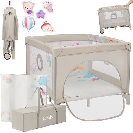 Lionelo mille plus kinderbox 0-36 maanden – babybox met t25 schuimmatras, educatief speelgoed, handgrepen voor leren staan, inklapbaar mobiel, zijdeur met ritssluiting – speelbox voor thuis en op reis