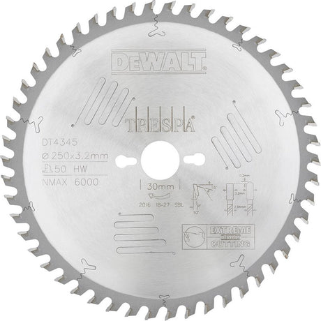Dewalt cirkelzaagblad voor hpl | extreme | ø 250mm asgat 30mm 50t - dt4345-qz