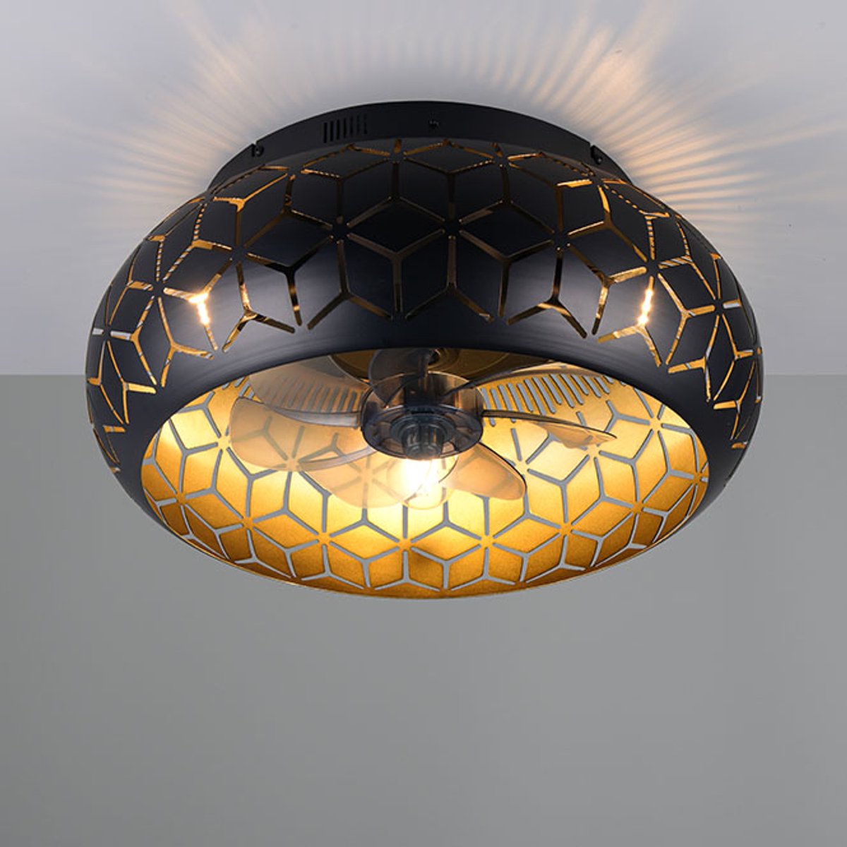 Rl live your light reality bidar - plafondventilator - zwart-goud - excl. 3x e27 4 w - licht apart schakelbaar - afstandsbediening - plafondbevestiging - 3 snelheidsinstellingen - timer - zomer- en wintermodus