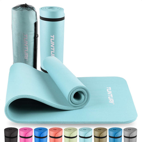Tunturi nbr yogamat met draagtas - fitnessmat extra dik zacht - sportmat - anti slip - 180x60x1.5cm - incl trainingsapp - lichtblauw