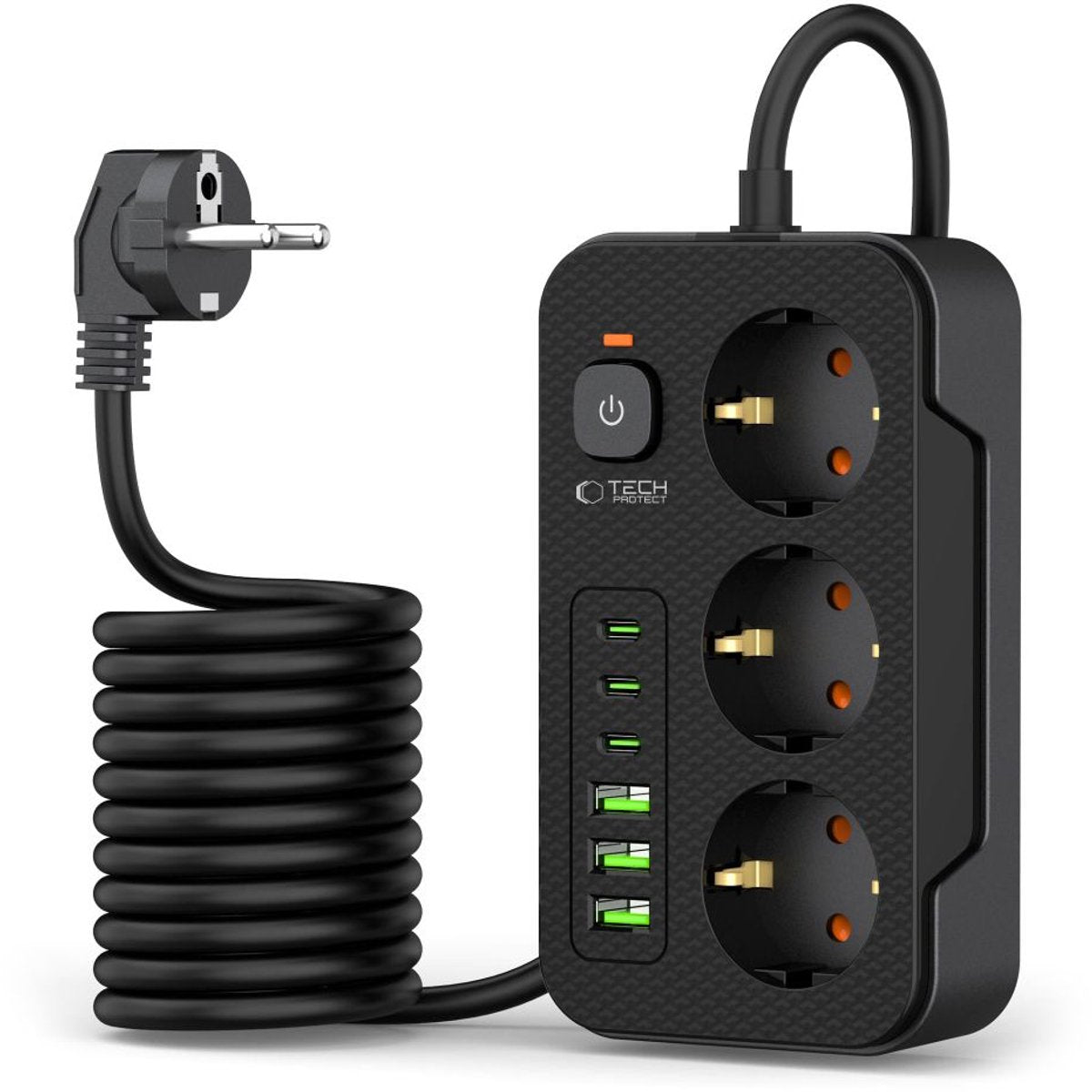 Tech-protect - stekkerdoos met 3 usb c en 3 usb a - aan uit schakelaar - 3 stopcontacten - zwart