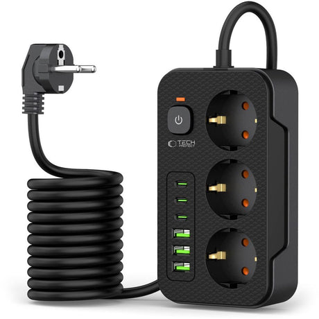 Tech-protect - stekkerdoos met 3 usb c en 3 usb a - aan uit schakelaar - 3 stopcontacten - zwart