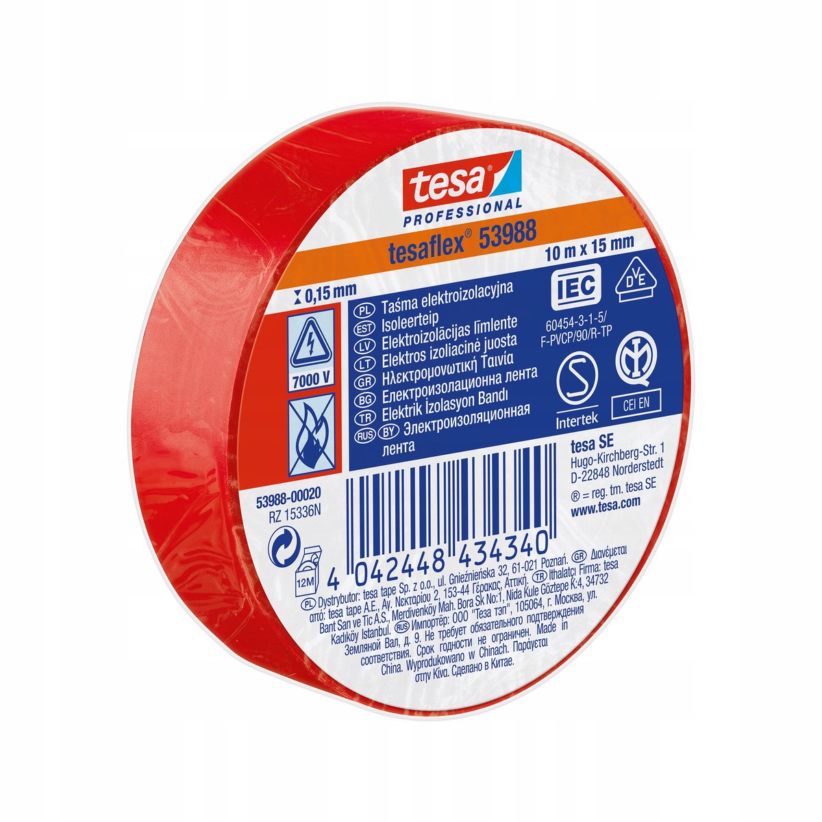 Tesa flex 53988 elektrische isolatietape rood 15mm x 10m