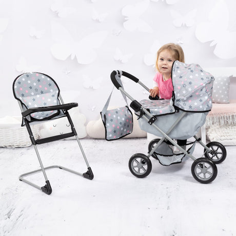Bayer design cosy poppenwagen set, opvouwbaar, zachte handgreep, met kinderstoel, tas, grijs