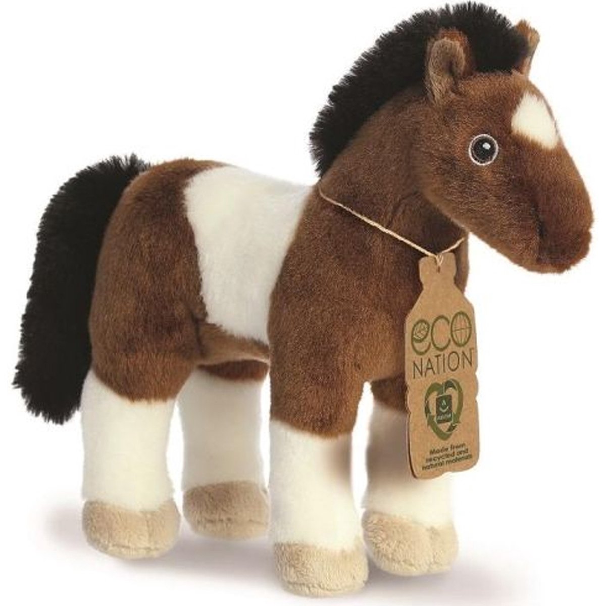 Aurora pluche knuffeldier paard - eco nation knuffel - bruin wit - 28 cm - boerderijdieren thema