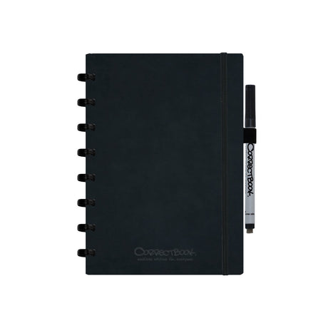 Correctbook a5 uitwisbaar notitieboek – ink black kunstleer hardcover – blanco – herbruikbaar schrift – inclusief pen wisdoekje – aanvulbaar met extra pagina’s