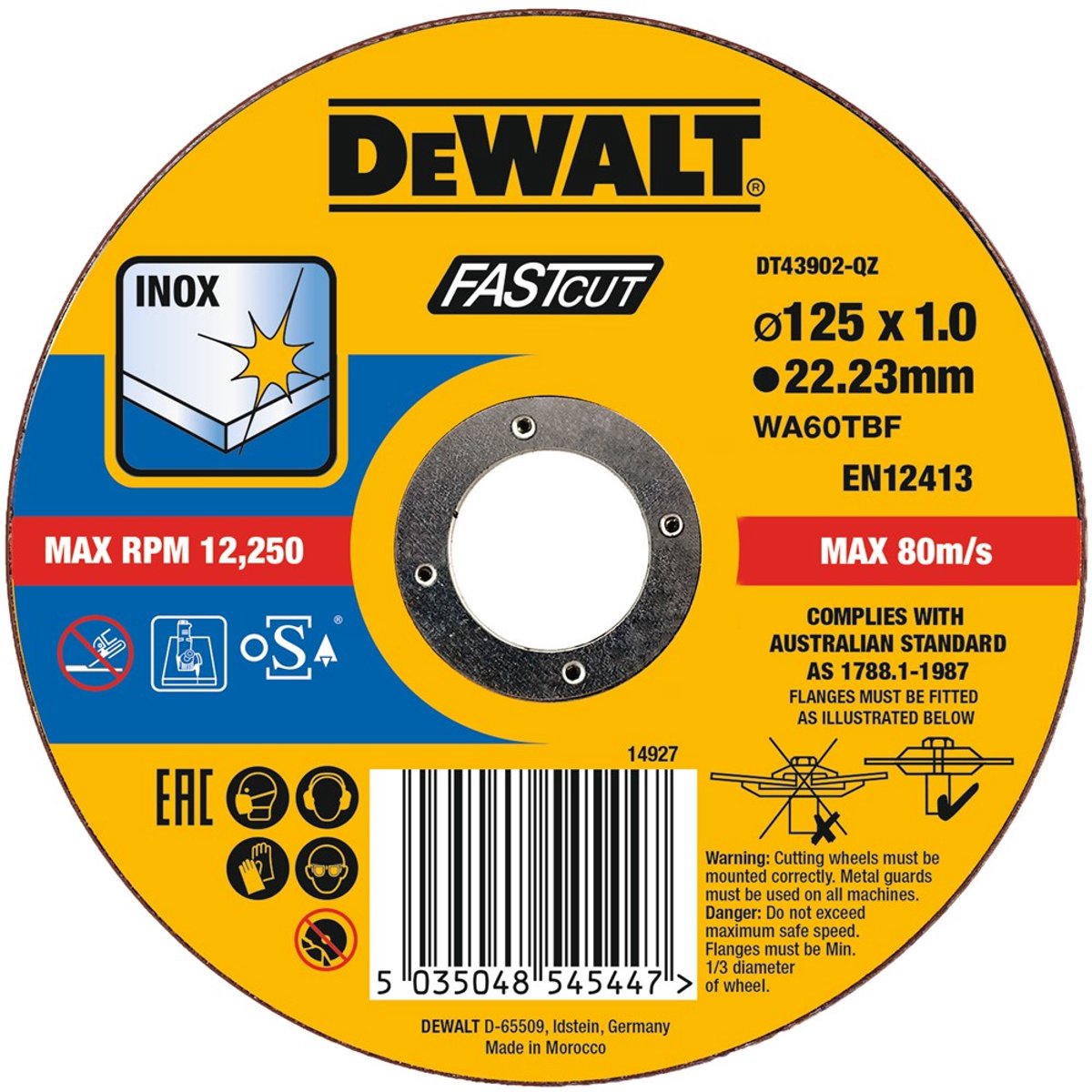 Dewalt dt43902 doorslijpschijven 125x22.2x1mm. rvs inox ve=1