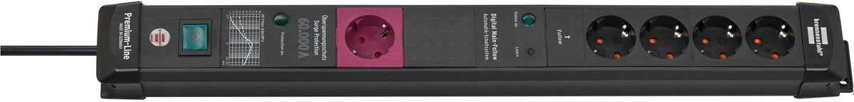 Brennenstuhl premium-line 60.000a overspanningsbeveiliging automatische contactdoosstrook 5-voudig 1 hoofdcontactdoos 4-voudige vervolgcontactdozen zwart 3m h05vv-f 3g1,5