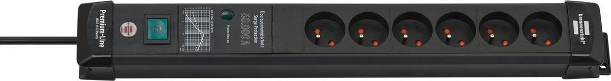 Brennenstuhl premium-line 60.000a stekkerdoos met overspanningsbeveiliging 6-voudig zwart 3m h05vv-f 3g1,5 *be*