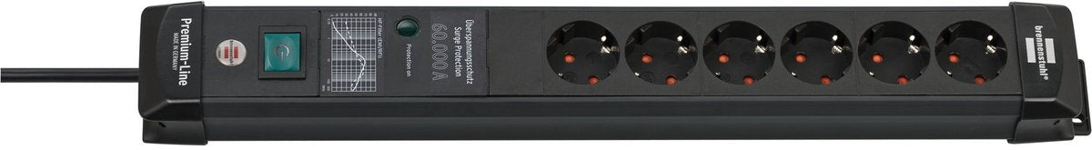 Brennenstuhl premium-line 60.000a stekkerdoos met overspanningsbeveiliging 6-voudig zwart 5m h05vv-f 3g1,5