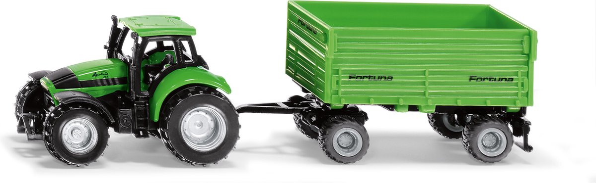 Siku 1606, deutz-fahr-trekker met 2-assige fortuna-aanhanger, metaal kunststof, afneembare cabine, kiepbak, aanhanger met rubberen lichtlopende wielen, trekhaak