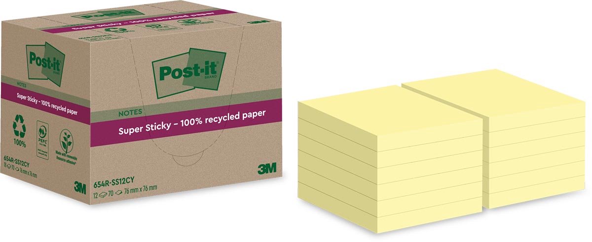 Post-it super sticky notes recycled | 70 vel | ft 76 x 76 mm | geel | pak van 12 blokken