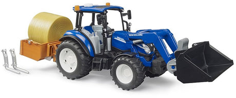 Bruder new holland t5.120 + voorlader, laadbak, vorken + ronde balen 1:16
