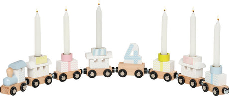Goki kaarsenhouder: verjaardagstrein l56,5cm, hout, met verwisselbare nummers 1-6, 14-delig